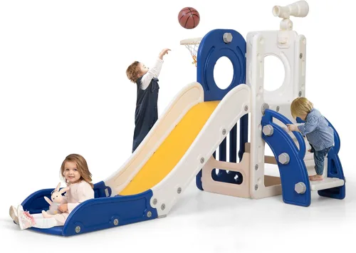 NYEEKOY Tobogán 6 en 1 para niños pequeños de 1 a 3 años, toboganes independientes para niños con aro de baloncesto, telescopio, almacenamiento,