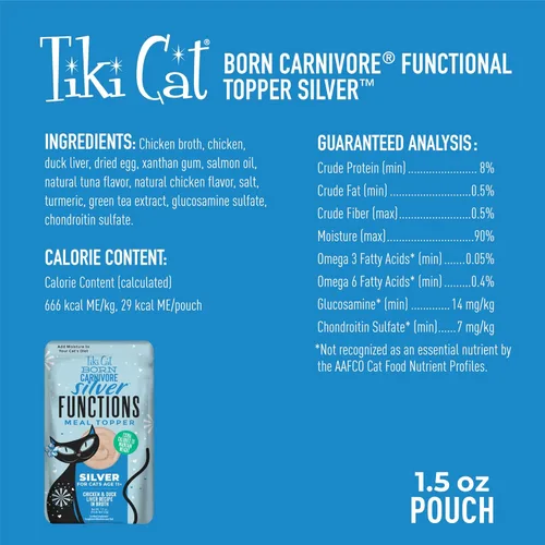 Miniatura 4 de Tiki Cat Born Carnivore Silver - Decoración de comida húmeda funcional para gatos mayores, bolsa de 1.5 onzas (12 unidades)