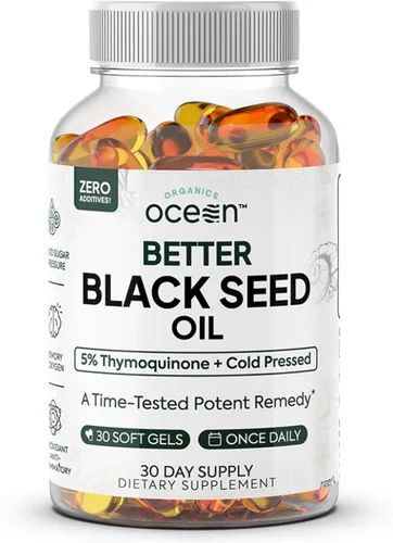Organics Ocean Mejor Aceite de Semilla Negra Prensado en Frío - Puro Aceite de Nigella Sativa para el Apoyo Inmunológico - 5% Timoquinona - Apoyo