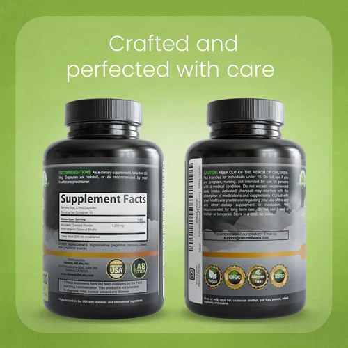 Miniatura 7 de NaturaLife Labs Carbón activado 1200 mg por porción - de cáscaras de coco - 100 cápsulas vegetales - Sin OMG, sin gluten, vegano (2)
