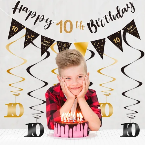 Miniatura 4 de Kit de decoración de cumpleaños número 10, pancarta de feliz décimo remolino, banderines triangulares para decoraciones de fiestas, negro y dorado