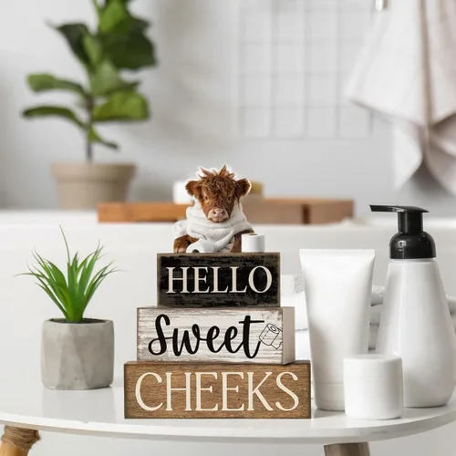 Miniatura 4 de Moucuny 4 piezas de estante de baño, decoración de baño de vaca de las tierras altas, decoración de baño y accesorios rústicos de hojas de eucalipto