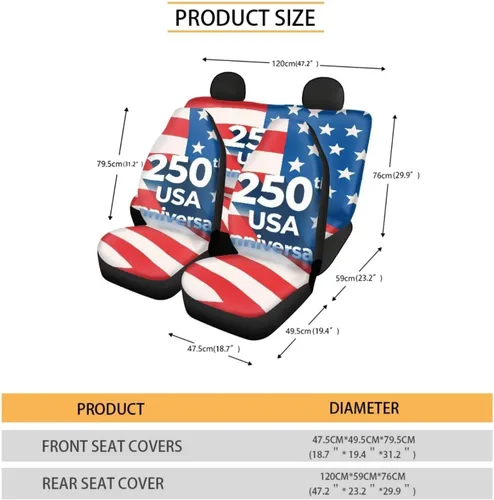 Miniatura 6 de Howilath 250 USA Anniversary - Juego de 4 fundas de asiento de automóvil de ajuste universal para asientos delanteros y traseros para uso en todas