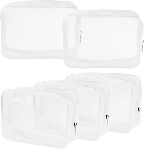 Miniatura 8 de Wobe Paquete de 5 bolsas de cosméticos transparentes aprobadas por la TSA, bolsa de transporte de artículos de tocador con cremallera de PVC, bolsa