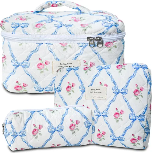 Miniatura 10 de GISMTR 3 Bolsas de Maquillaje Acolchadas de Algodón Grandes de Viaje Bolsa de Cosméticos Bolsa de Maquillaje Coqueta Bonita Bolsa de Tocador Floral