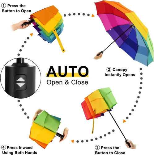 Miniatura 5 de Lejorain Paraguas grande de golf resistente al viento, 54 pulgadas, doble capa, arco iris, 10 varillas, paraguas plegable de viaje, compacto, cierre