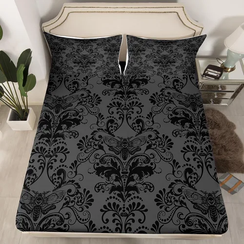 Miniatura 18 de Sábanas de cama góticas de damasco para adultos, sábana bajera ajustable victoriana antigua, sábanas góticas florales vintage, juego de ropa de cama