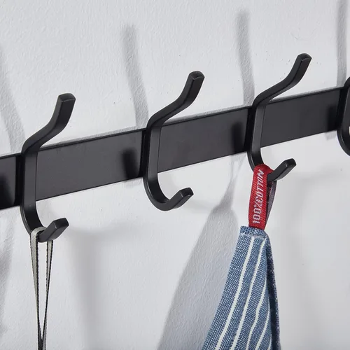 Miniatura 9 de Ganchos de pared negros, perchero de pared de 30 cm con 4 ganchos, ganchos de pared resistentes para colgar mochila, bolso, cartera, ropa, sombrero