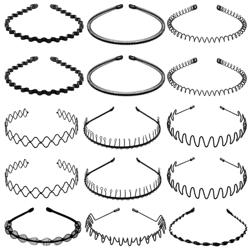 BOYIVI 15 diademas de metal para dientes de moda, bandas onduladas negras antideslizantes unisex deportivas para hombres y mujeres
