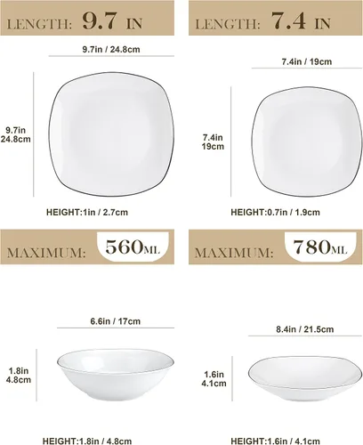 Miniatura 2 de MALACASA Series Elisa - Juego de vajilla de porcelana cuadrada de 24 piezas, color blanco con borde negro, juego de platos modernos para 6 platos