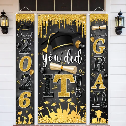 Decoraciones de graduación negras y doradas para la clase de 2026 con texto en inglés "Congrats Grad and You Did It" para suministros de fiesta de