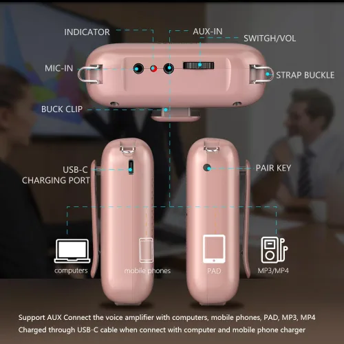 Miniatura 9 de Norwii Amplificador de voz Bluetooth, amplificadores de potencia, auriculares con mini micrófono portátil con cable para profesores en el aula y Oro