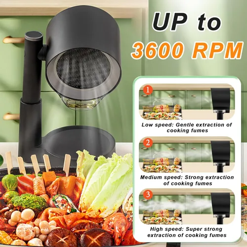 Miniatura 2 de Campana extractora portátil para cocina de RV, BBQ, olla caliente, ventilador de escritorio para cocina con 3 velocidades, altura telescópica, bajo
