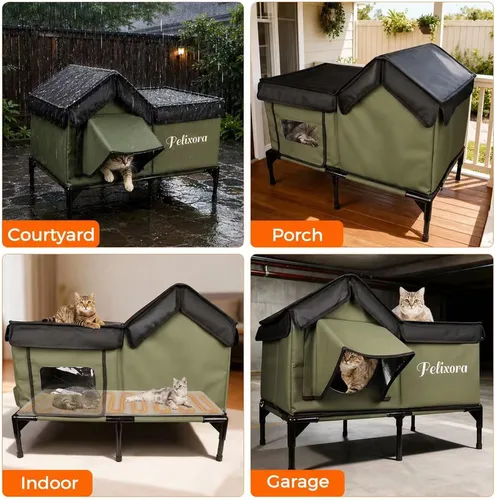 Miniatura 7 de Casa climatizada para gatos para exteriores, refugio de invierno aislado a la intemperie con base elevada y ventana transparente, puerta de escape