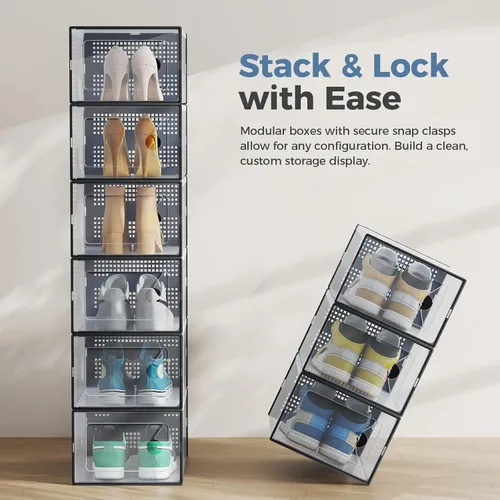 Miniatura 6 de DUMOS Cajas de almacenamiento de zapatos, paquete de 12 contenedores transparentes apilables para zapatos con tapas, organizador de zapatos