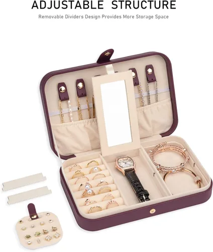Miniatura 4 de V-LAFUY Organizador de viaje de joyería caja de joyería de viaje portátil pequeño estuche de joyería de viaje con espejo caja de joyería pequeña