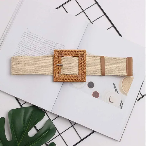 Miniatura 6 de Cinturón ceñido de paja tejida para mujer, elástico, de moda, con hebilla de madera.