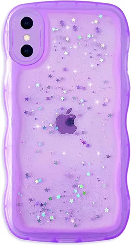 Miniatura 81 de Qokey Funda para iPhone 12 Pro Max de 6.7 pulgadas, diseño de onda rizada, borde transparente, brillante con purpurina, estrella brillante, bonita