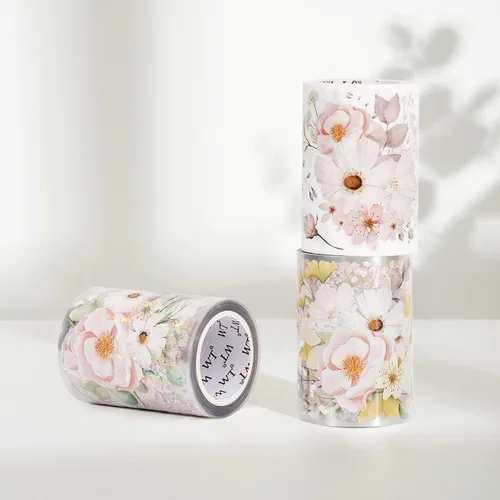 Miniatura 8 de WT Cinta de PET ancha rubor, rollo individual, diseños originales, cinta decorativa floral rosa acuarela, adhesivo transparente para diario, álbumes