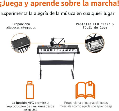 Miniatura 3 de Amazon Basics Piano de teclado eléctrico con 61 teclas, altavoces integrados, canciones para aprender, color negro