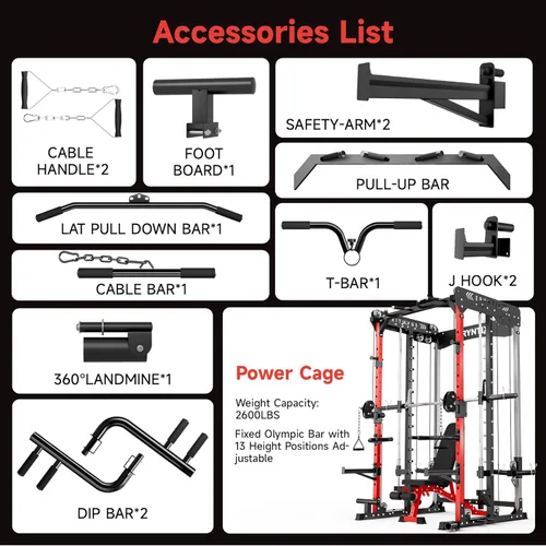 Miniatura 9 de Smith Machine, estante de potencia de capacidad de 2600 libras para garaje de gimnasio en casa, jaula de potencia todo en uno con cable cruzado