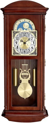 Bulova Litchfield - Reloj de pared regulador grande, modelo C4332, diseño clásico de péndulo, timbre armónico por hora, acabado marrón cereza