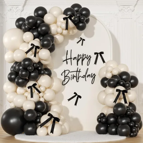 Kit de arco de globos negro y arena blanca 141 piezas, decoraciones de cumpleaños coquetas incluyen globos y lazo negro para boda, baby shower,