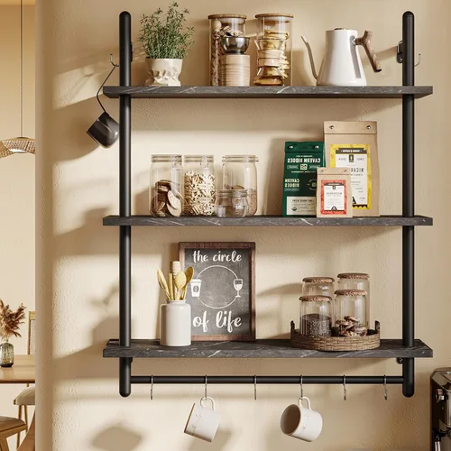 Miniatura 10 de Bestier Estantería Industrial de Tubería de 3 Niveles, Estantes Flotantes para Libros para Pared, Estantes Colgantes de Almacenamiento con Barra Gris