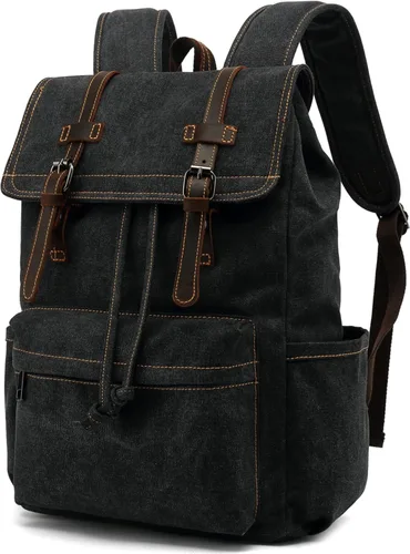 HuaChen Mochila de lona, mochila vintage para laptop de 14 pulgadas, mochila de viaje y senderismo con bolsillo antirrobo, ribete de cuero genuino -