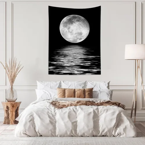Miniatura 2 de LB Tapiz pequeño de luna llena sobre océano, tapiz de pared de cielo nocturno estrellado, fantasía 3D, arte de pared de luna grande en blanco