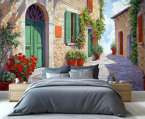 Miniatura 15 de Papel tapiz 3D de bicicleta rosa vintage, murales de flores de paisaje de primavera para sala de estar, pintura al óleo, papel tapiz rústico