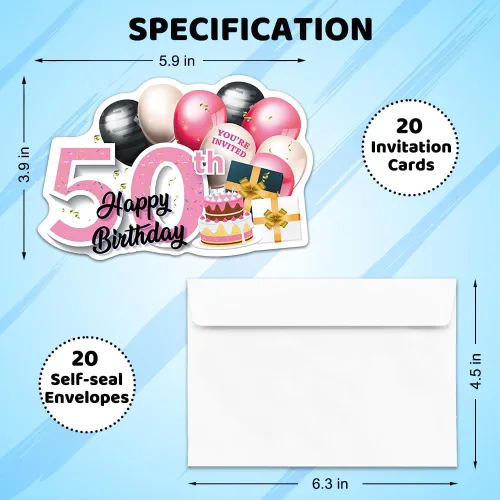 Miniatura 2 de ERHACHAIJIA 20 globos dorados rosados y negros y tarjetas de invitaciones en forma de pastel con sobres, divertidas fiestas de cumpleaños 50