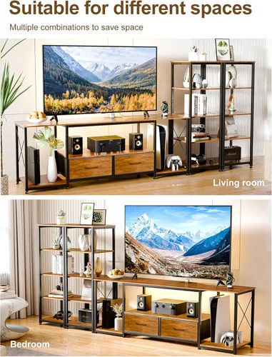Miniatura 3 de Soporte de TV para televisores de hasta 65 pulgadas, centro de entretenimiento con 2 estanterías, consola de TV moderna rústica con 2 cajones