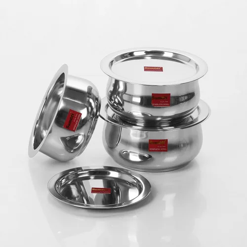 Miniatura 4 de Sumeet Juego de 3 recipientes de acero inoxidable con forma de vientre, apto para inducción y estufa de gas, juego de utensilios de cocina
