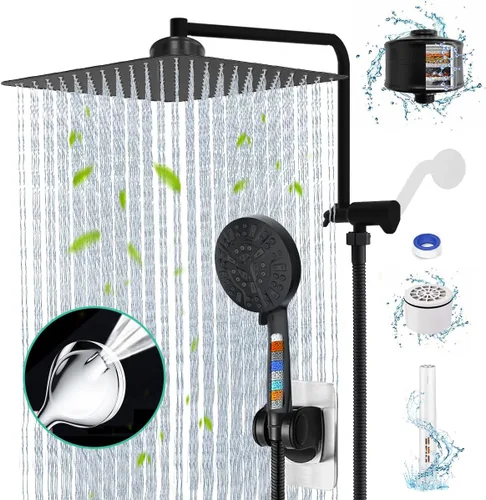 Cabezal de ducha negro mate con filtros, cabezal de ducha de lluvia de 12 pulgadas con rociador de mano, cabezal de filtro de ducha doble para agua