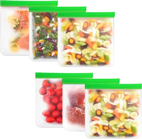 Miniatura 15 de Paquete de 10 bolsas extra gruesas de silicona reutilizables para almacenamiento de alimentos, 3 pequeñas, 4 medianas, 3 bolsas grandes con cierre
