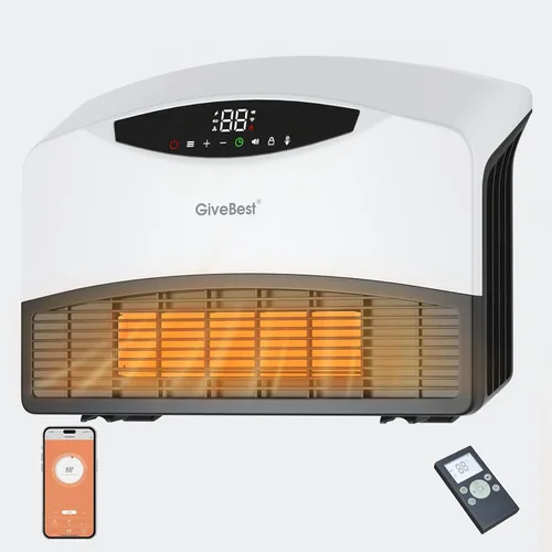 GiveBest Calentador de pared inteligente, calentadores eléctricos PTC de 1500 W para uso en interiores, termostato ajustable, control remoto, Blanco
