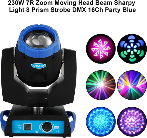 Miniatura 4 de 230W 7R Zoom Cabeza Móvil Haz Sharpy Luz 8 Prisma Estroboscópico DMX 16Ch Fiesta Azul