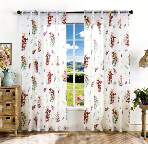 Miniatura 17 de youleyar Cortinas traslúcidas florales para sala de estar, 2 paneles de 54 pulgadas de largo, cortinas semitransparentes blancas con estampado