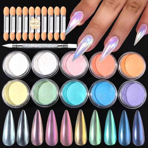 10 colores de sirena perla cromada polvo de uñas, polvo iridiscente Aurora efecto espejo metálico pigmento perlado arte uñas brillo polvo kit para