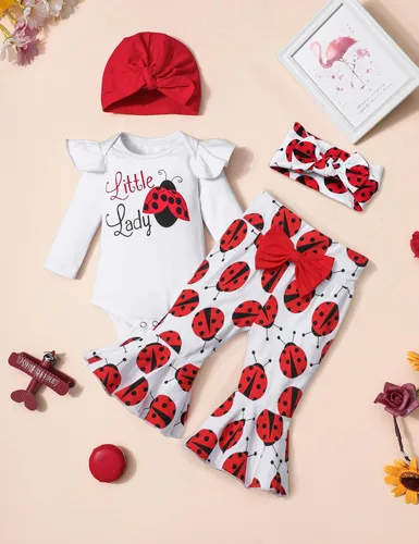 Miniatura 7 de Ropa de bebé niña, 4 piezas, trajes de niña recién nacida, con volantes, mameluco de campana para bebé, diadema, bandana, conjuntos de ropa, regalos