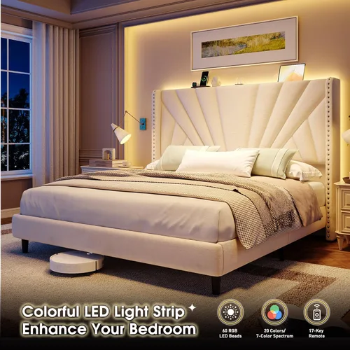 Miniatura 5 de EnHomee Marco de Cama Queen con Cabecera Alta de 51" Wingback, Cama Plataforma Tapizada en Terciopelo con Estación de Carga y Luces LED, No Necesita