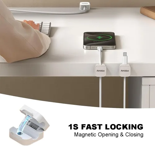 Miniatura 2 de Paquete de 10 clips magnéticos para cables, organizador de cables, soporte adhesivo para cable de teléfono para mesita de noche, escritorio, cables