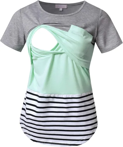 Bhome Camiseta de lactancia con bloque de color de manga corta para lactancia materna camisa de embarazo con bolsillo
