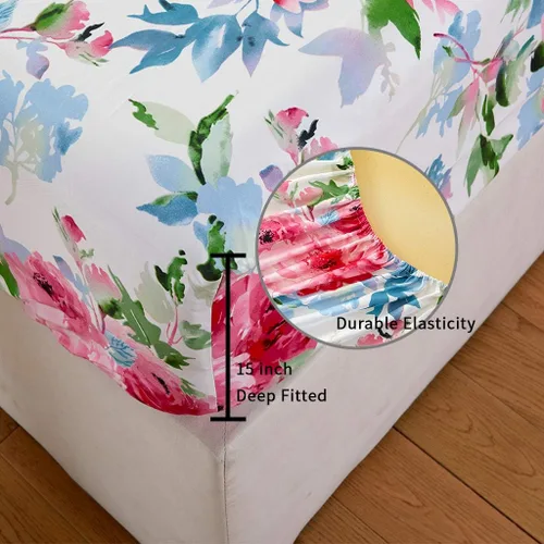 Miniatura 6 de JSD Juego de sábanas de acuarela con diseño floral de rosas, tamaño completo, 4 piezas, sábanas de microfibra suave estampada, bolsillo extra Floral