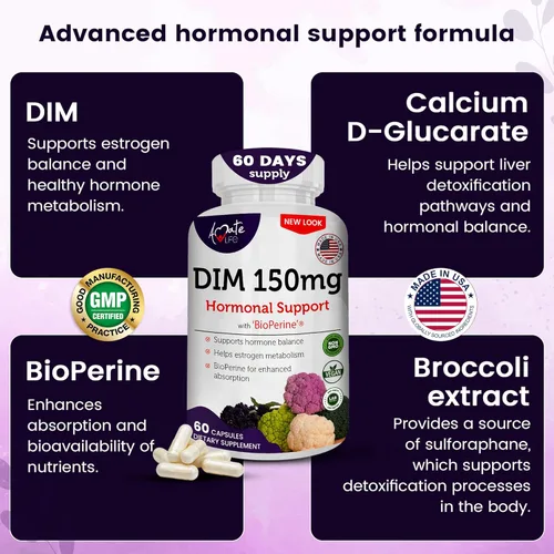 Miniatura 4 de Complejo DIM para mujer de 150 mg – Pastillas equilibradoras de estrógeno bioperina para la menopausia y los sofocos para aliviar el acné hormonal