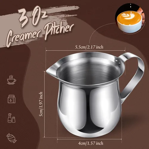 Miniatura 2 de Potchen Paquete de 6 cremas de campana de acero inoxidable de 3 onzas, mini jarras de leche para café con mango y tazas de boquilla para servir