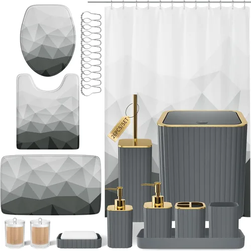 Miniatura 19 de XLHOMO Juego de baño – Juego de baño de 26 piezas con cortina de ducha y alfombras, juego de accesorios de baño, juego de accesorios de baño negro