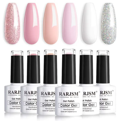 Miniatura 14 de RARJSM Juego de 6 esmaltes de uñas de gel, color marrón, café, vino, borgoña, nude, morado, rosa, champán, dorado, purpurina, para invierno, secado