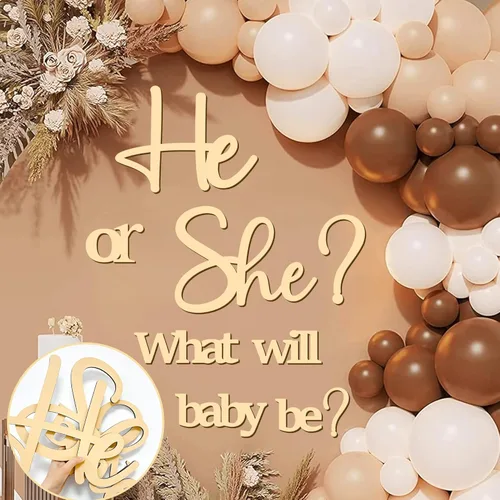 Miniatura 13 de Grandes calcomanías de revelación de género para telón de fondo, señal de baby shower de madera, ¿él o ella? ¿Qué será el bebé? Arco de globos